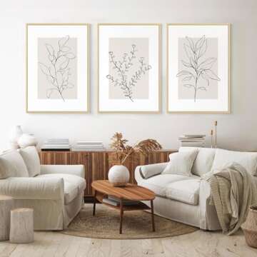 Neutral Botanical Prints Wall Art Decor Plant Minimalist Canvas Pictures Vintage Beige Wall Art Modern Farmhouse Line Poster Boho Abstract Painting Artwork for Bedroom 16x24 Inch Framed Set of 3