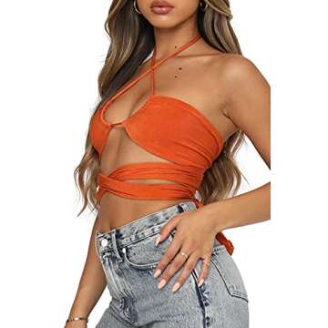 WAYMODE Women's Sexy Sleeveless Halter Crisscross Cami Lace Up Self Tie Backless Crop Tops Orange Small