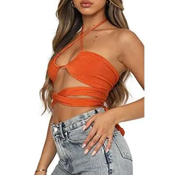 WAYMODE Women's Sexy Sleeveless Halter Crisscross Cami Lace Up Self Tie Backless Crop Tops Orange Small