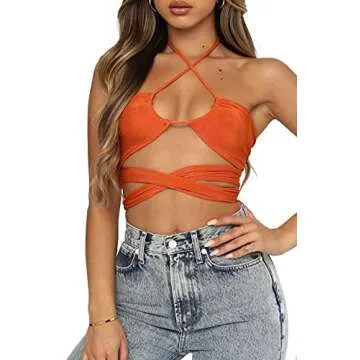 WAYMODE Women's Sexy Sleeveless Halter Crisscross Cami Lace Up Self Tie Backless Crop Tops Orange Small