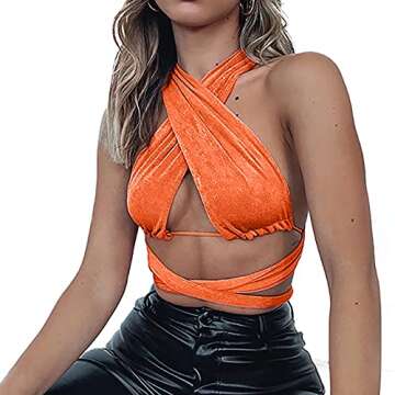 WAYMODE Women's Sexy Sleeveless Halter Crisscross Cami Lace Up Self Tie Backless Crop Tops Orange Small