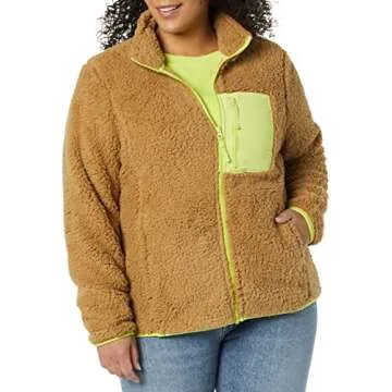 Amazon Essentials Women's Sherpa Long-Sleeve Mock Neck Full-Zip Jacket with Woven Trim (Available in Plus Size)