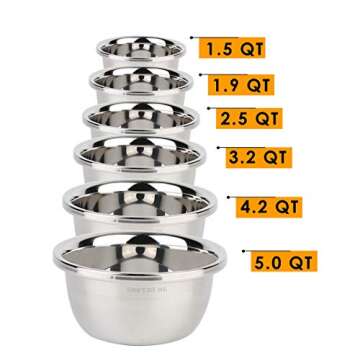 Set of 6 Mixing Bowls Stainless Steel Nesting and Convenient Storage for Meal prep, Salad, Cooking, ...