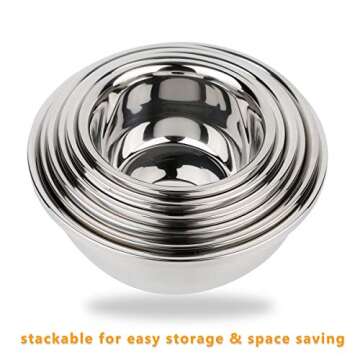 Set of 6 Mixing Bowls Stainless Steel Nesting and Convenient Storage for Meal prep, Salad, Cooking, Baking, Serving