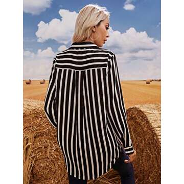 MakeMeChic Women's Casual Striped Button Down Long Sleeve Shirts Blouse Top A Black and White L