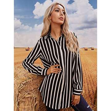MakeMeChic Women's Casual Striped Button Down Long Sleeve Shirts Blouse Top A Black and White L