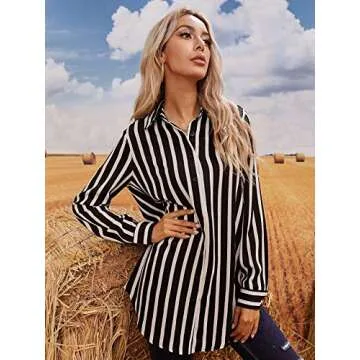 MakeMeChic Women's Casual Striped Button Down Long Sleeve Shirts Blouse Top A Black and White L