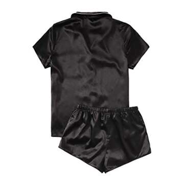 WDIRARA Women's Pajama Sets Satin Short Sleeve Down Shirts and Shorts Sleepwear PJ Set Dull Black Large