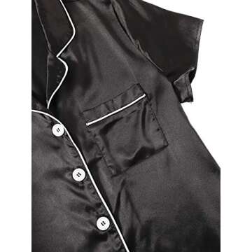 WDIRARA Women's Pajama Sets Satin Short Sleeve Down Shirts and Shorts Sleepwear PJ Set Dull Black Large