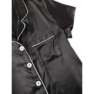 WDIRARA Women's Pajama Sets Satin Short Sleeve Down Shirts and Shorts Sleepwear PJ Set Dull Black Large