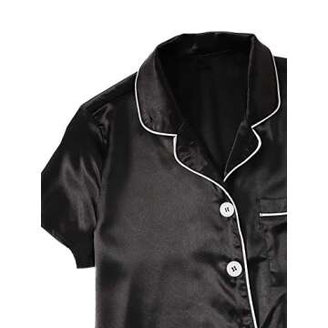 WDIRARA Women's Pajama Sets Satin Short Sleeve Down Shirts and Shorts Sleepwear PJ Set Dull Black Large