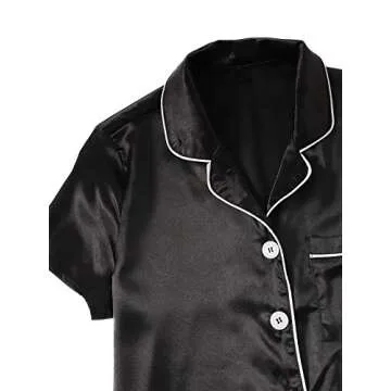 WDIRARA Women's Pajama Sets Satin Short Sleeve Down Shirts and Shorts Sleepwear PJ Set Dull Black Large