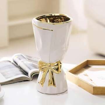 WLGRANJIA White and Gold Vase, Bow Vase for Home Decor, White Flower Vase for Boho Style, 9.65 Inch ...