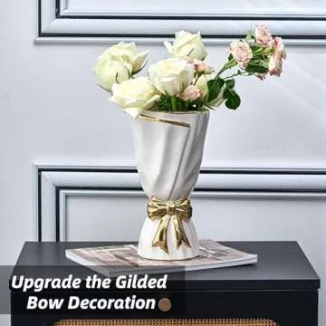 WLGRANJIA White and Gold Vase, Bow Vase for Home Decor, White Flower Vase for Boho Style, 9.65 Inch Large White Vase for Ideal Table Decor, Ceramic Vase. （Glazed Exterior and Interior） (White, Large)