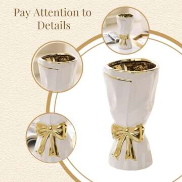 WLGRANJIA White and Gold Vase, Bow Vase for Home Decor, White Flower Vase for Boho Style, 9.65 Inch Large White Vase for Ideal Table Decor, Ceramic Vase. （Glazed Exterior and Interior） (White, Large)