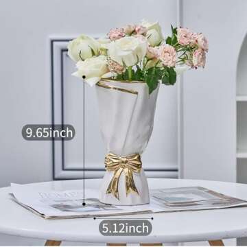 WLGRANJIA White and Gold Vase, Bow Vase for Home Decor, White Flower Vase for Boho Style, 9.65 Inch Large White Vase for Ideal Table Decor, Ceramic Vase. （Glazed Exterior and Interior） (White, Large)
