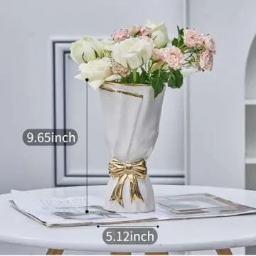 WLGRANJIA White and Gold Vase, Bow Vase for Home Decor, White Flower Vase for Boho Style, 9.65 Inch Large White Vase for Ideal Table Decor, Ceramic Vase. （Glazed Exterior and Interior） (White, Large)