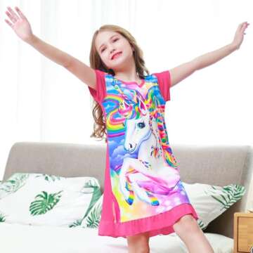 Sylfairy Girls Nightgowns, Unicorn Nightgown Princess Pajama Dresses for Girls Sleepwear Nightie Rose Red