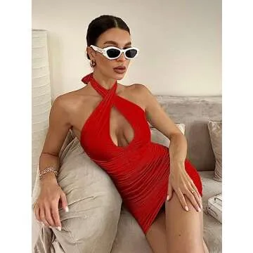 BEAGIMEG Sexy Bodycon Halter Mini Dress - Red Perfect for Parties