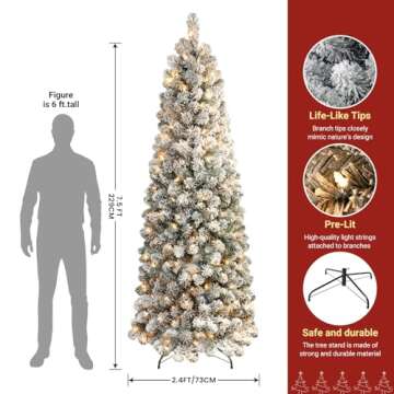 SHareconn 7.5ft Prelit Snow Flocked Artificial Hinged Slim Pencil Christmas Tree with Warm White Lights, Full Branch Tips, Perfect Choice Decoration for Xmas Holiday, 7.5 FT, Flocked Green