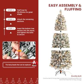 SHareconn 7.5ft Prelit Snow Flocked Artificial Hinged Slim Pencil Christmas Tree with Warm White Lights, Full Branch Tips, Perfect Choice Decoration for Xmas Holiday, 7.5 FT, Flocked Green