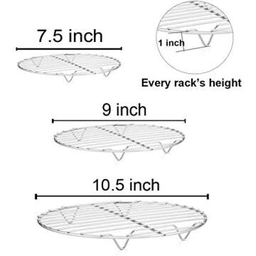 TeamFar Round Cooling Rack Set of 3, 7½ & 9 & 10½ Inch, Stainless Steel Round Baking Steaming Rack Set, Fit for Oven/Pot/Air fryer, Healthy & Dishwasher Safe, Mirror Finish & Smooth Edge