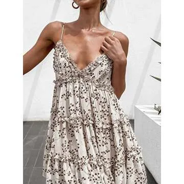Summer Midi Dress for Women Spaghetti Strap V Neck Floral Sundress a Line Swing Beach Dress Beige