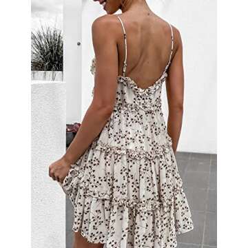 Summer Midi Dress for Women Spaghetti Strap V Neck Floral Sundress a Line Swing Beach Dress Beige