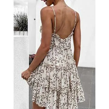Summer Midi Dress for Women Spaghetti Strap V Neck Floral Sundress a Line Swing Beach Dress Beige
