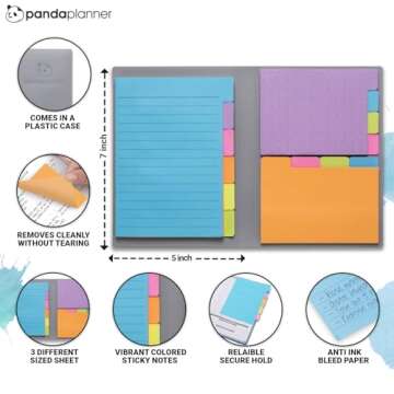 Panda Planner Sticky Notes Set – 140 Spring Colors Sticky Notes for Home, Office, & School – Tabbed, Dotted, Blank, & Lined Sticky Notes for Productivity & Organization (Original Colors)