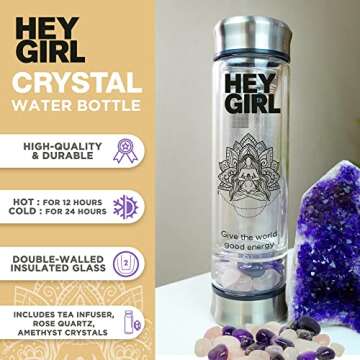 Crystal Water Bottle with Rose Quartz & Amethyst Crystal - Reusable Glass Water Bottles | Tea Infuser Mug Tumbler with Strainer for Loose Leaf Tea - Herbal, Fruit, Gem Infused Water or Tea On The Go