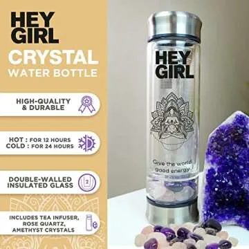 Crystal Water Bottle with Rose Quartz & Amethyst Crystal - Reusable Glass Water Bottles | Tea Infuser Mug Tumbler with Strainer for Loose Leaf Tea - Herbal, Fruit, Gem Infused Water or Tea On The Go