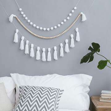 Dahey Wood Bead Garland with Tassels Banner Pom Pom Balls Garlands Decorative Wall Hanging for Boho ...