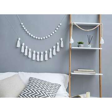 Dahey Wood Bead Garland with Tassels Banner Pom Pom Balls Garlands Decorative Wall Hanging for Boho Home Decor, Baby Shower, Nursery Room, Wedding, Birthday Christmas Party Decorations, 3 Pack