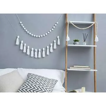 Dahey Wood Bead Garland with Tassels Banner Pom Pom Balls Garlands Decorative Wall Hanging for Boho Home Decor, Baby Shower, Nursery Room, Wedding, Birthday Christmas Party Decorations, 3 Pack