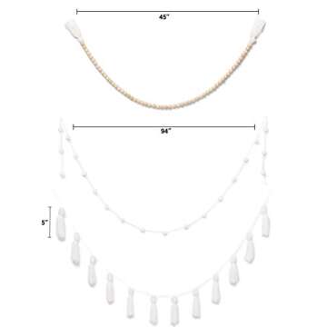 Dahey Wood Bead Garland with Tassels Banner Pom Pom Balls Garlands Decorative Wall Hanging for Boho Home Decor, Baby Shower, Nursery Room, Wedding, Birthday Christmas Party Decorations, 3 Pack