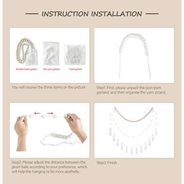 Dahey Wood Bead Garland with Tassels Banner Pom Pom Balls Garlands Decorative Wall Hanging for Boho Home Decor, Baby Shower, Nursery Room, Wedding, Birthday Christmas Party Decorations, 3 Pack