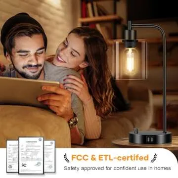 Industrial Table Lamp with 2 USB Charging Ports, Fully Stepless Dimmable Modern Nightstand Lamp, Glass Shade Bedside Desk Lamp for Bedroom Living Room Office, 6W 2700K LED Edison Bulb Included