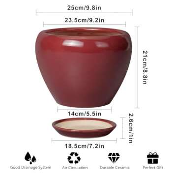 Ceramicfor 10 Inch Plant Pot - Ceramic Planter Pot with Drainage Hole and Saucer Large Planter for Indoor Plants Round Outdoor Flower Pot Mid-Century Decor Red