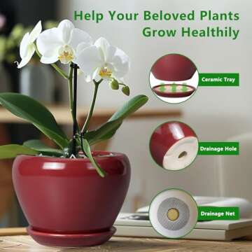 Ceramicfor 10 Inch Plant Pot - Ceramic Planter Pot with Drainage Hole and Saucer Large Planter for Indoor Plants Round Outdoor Flower Pot Mid-Century Decor Red