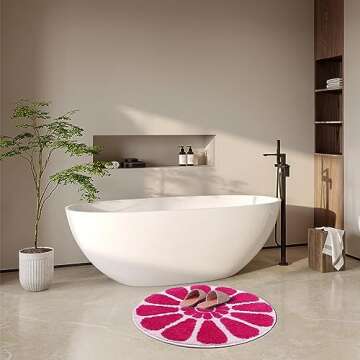BOVEU Pink Bathroom Rugs -Soft Flower Shower Mat, Round Bath Rugs, Machine Washable Absorbent Cute Bath Mats for Bathroom Floor Shower Sink, 32 x 32 in