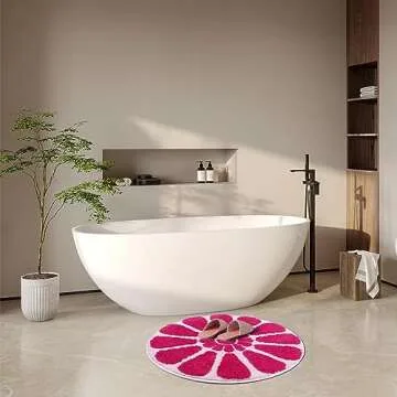 BOVEU Pink Bathroom Rugs -Soft Flower Shower Mat, Round Bath Rugs, Machine Washable Absorbent Cute Bath Mats for Bathroom Floor Shower Sink, 32 x 32 in