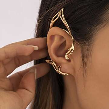 Missgrace Gold Elf Ear Cuffs Clip Earrings Wing Filigree Elf Ear Jewelry for Women Fairy Stud Earrin...