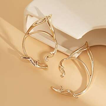 Missgrace Gold Elf Ear Cuffs Clip Earrings Wing Filigree Elf Ear Jewelry for Women Fairy Stud Earrings Elven Cuff Wrap Earrings for Halloween Wedding Prom