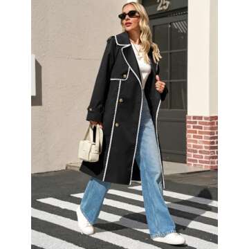 Cicy Bell Womens Long Trench Coat Casual Double Breasted Windproof Jacket Classic Lapel Overcoat with Belt