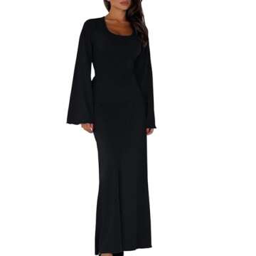 LAYHTKTL Maxi Dress, Womens Long Bell Sleeve Formal Evening Wedding Maxi Dress Knitted U Neck Solid ...