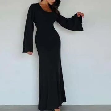 LAYHTKTL Maxi Dress, Womens Long Bell Sleeve Formal Evening Wedding Maxi Dress Knitted U Neck Solid Color Ribbed Bodycon Long Dresses White Dress Shirt Black X-Large