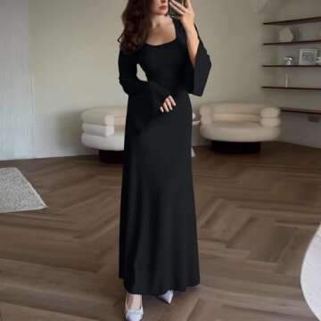 LAYHTKTL Maxi Dress, Womens Long Bell Sleeve Formal Evening Wedding Maxi Dress Knitted U Neck Solid Color Ribbed Bodycon Long Dresses White Dress Shirt Black X-Large