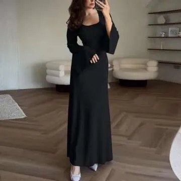 LAYHTKTL Maxi Dress, Womens Long Bell Sleeve Formal Evening Wedding Maxi Dress Knitted U Neck Solid Color Ribbed Bodycon Long Dresses White Dress Shirt Black X-Large