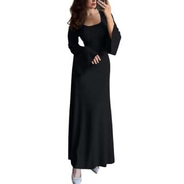 LAYHTKTL Maxi Dress, Womens Long Bell Sleeve Formal Evening Wedding Maxi Dress Knitted U Neck Solid Color Ribbed Bodycon Long Dresses White Dress Shirt Black X-Large